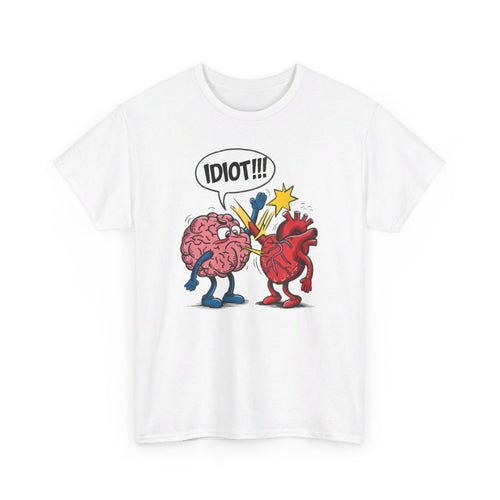 T shirt Blanc avec Design Cerveau et Cœur - idée cadeau Humour Idiot ! pour Homme et Femme