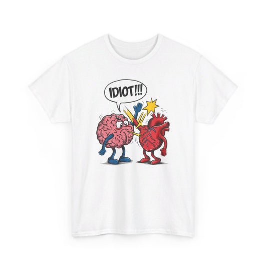 T shirt Blanc avec Design Cerveau et Cœur - idée cadeau Humour Idiot ! pour Homme et Femme