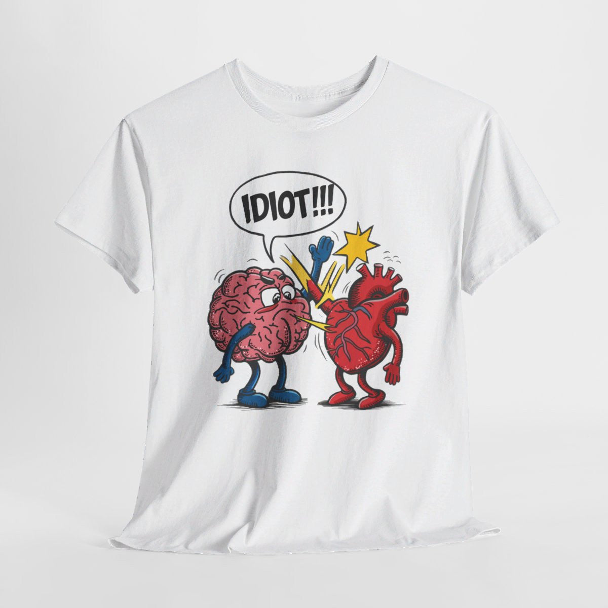 T shirt Blanc avec Design Cerveau et Cœur - idée cadeau Humour Idiot ! pour Homme et Femme