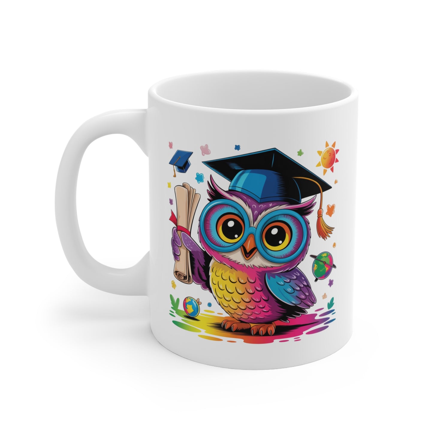 Mug Hibou Diplômé Kawaii – Tasse Chouette Étudiante Colorée – Design Owl avec Lunettes et Diplôme – Cadeau Original Étudiant, Professeur et Enfant – Mug Céramique 325ml