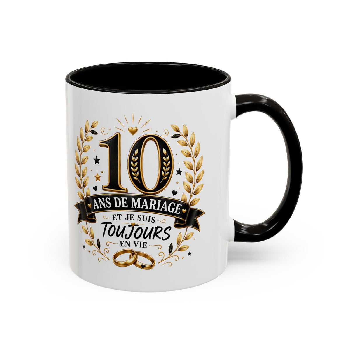 Mug 10 Ans de Mariage et Je Suis Toujours en Vie – Tasse Humoristique Anniversaire de Mariage – Idée Cadeau Couple Noces d’Étain noir bleu rouge