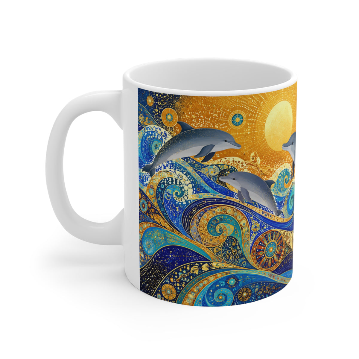 Mug Dauphins dans les Vagues Bleu et Or – Tasse Océan Style Artistique avec Soleil Doré – Cadeau Original Amoureux de la Mer