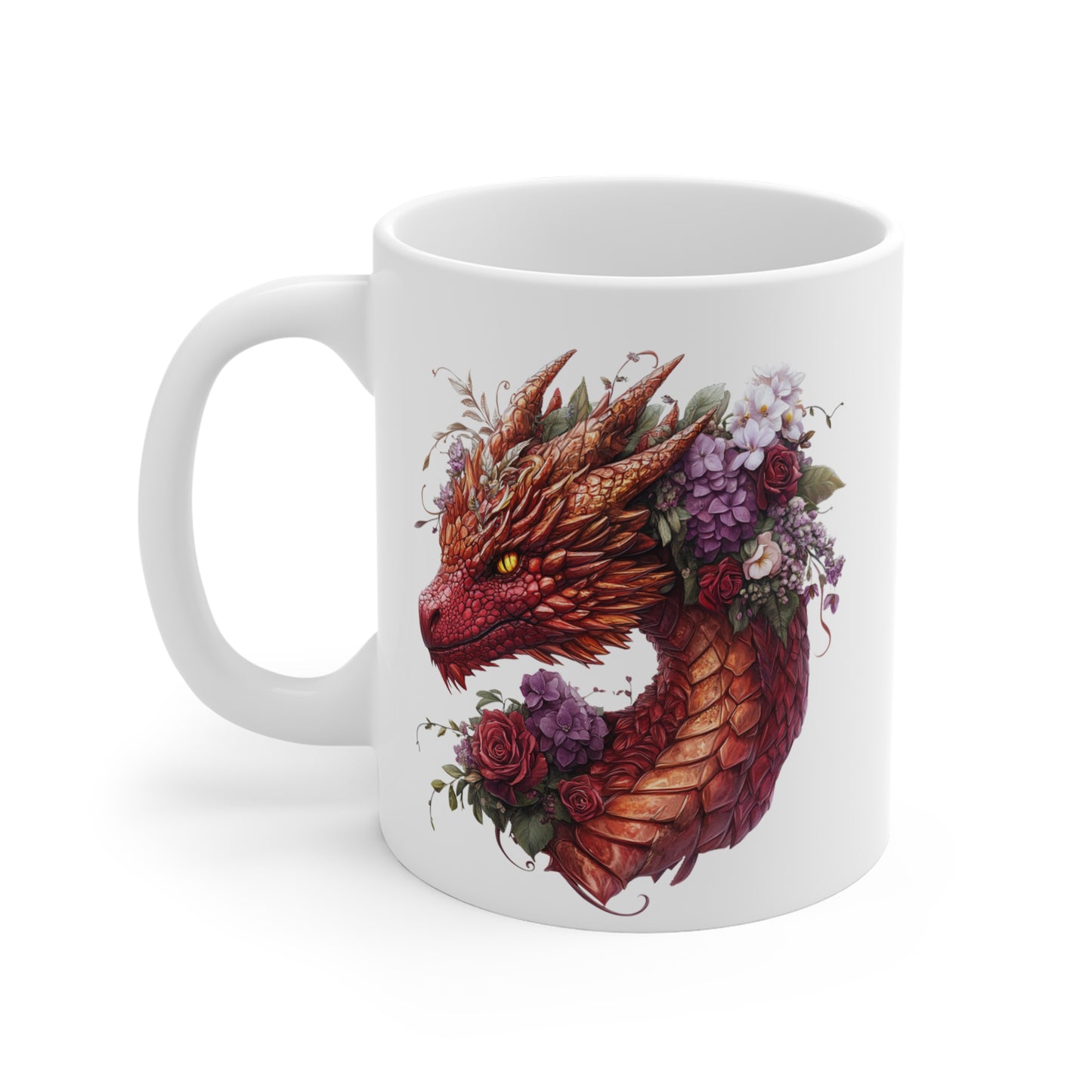 Mug Dragon Rouge et Fleurs – Tasse Fantasy Puissante et Élégante – Cadeau Magique Céramique 325ml