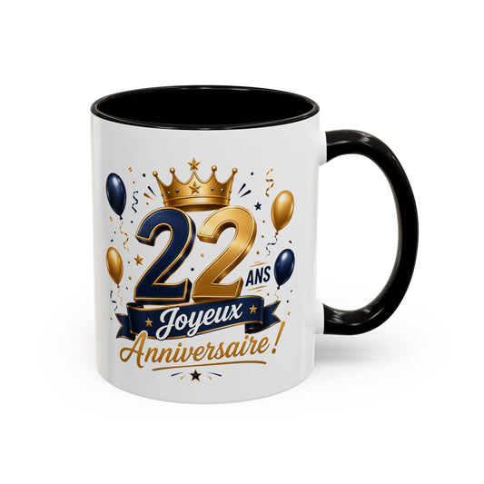 Mug Joyeux 22 Ans – Tasse Anniversaire 22 Ans – Cadeau Original pour Femme Homme – Idée Cadeau 22e Anniversaire Noir Bleu Rouge