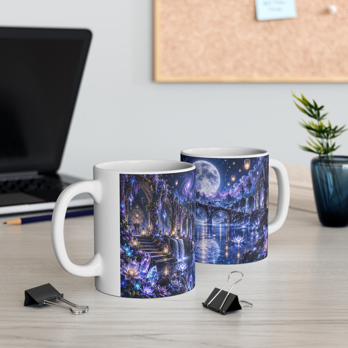 Mug Château Féérique sous la Lune – Tasse Paysage Fantastique avec Cascades, Pont, Cristaux et Fleurs – Cadeau Original Univers Magique