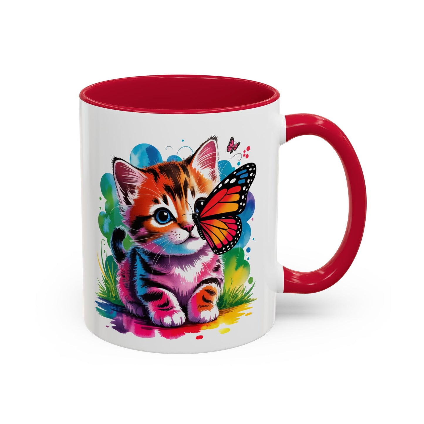 Mug Chaton Kawaii avec Papillon Arc-en-Ciel – Tasse Mignonne et Colorée Cadeau Amoureux des Chats – Céramique 325ml