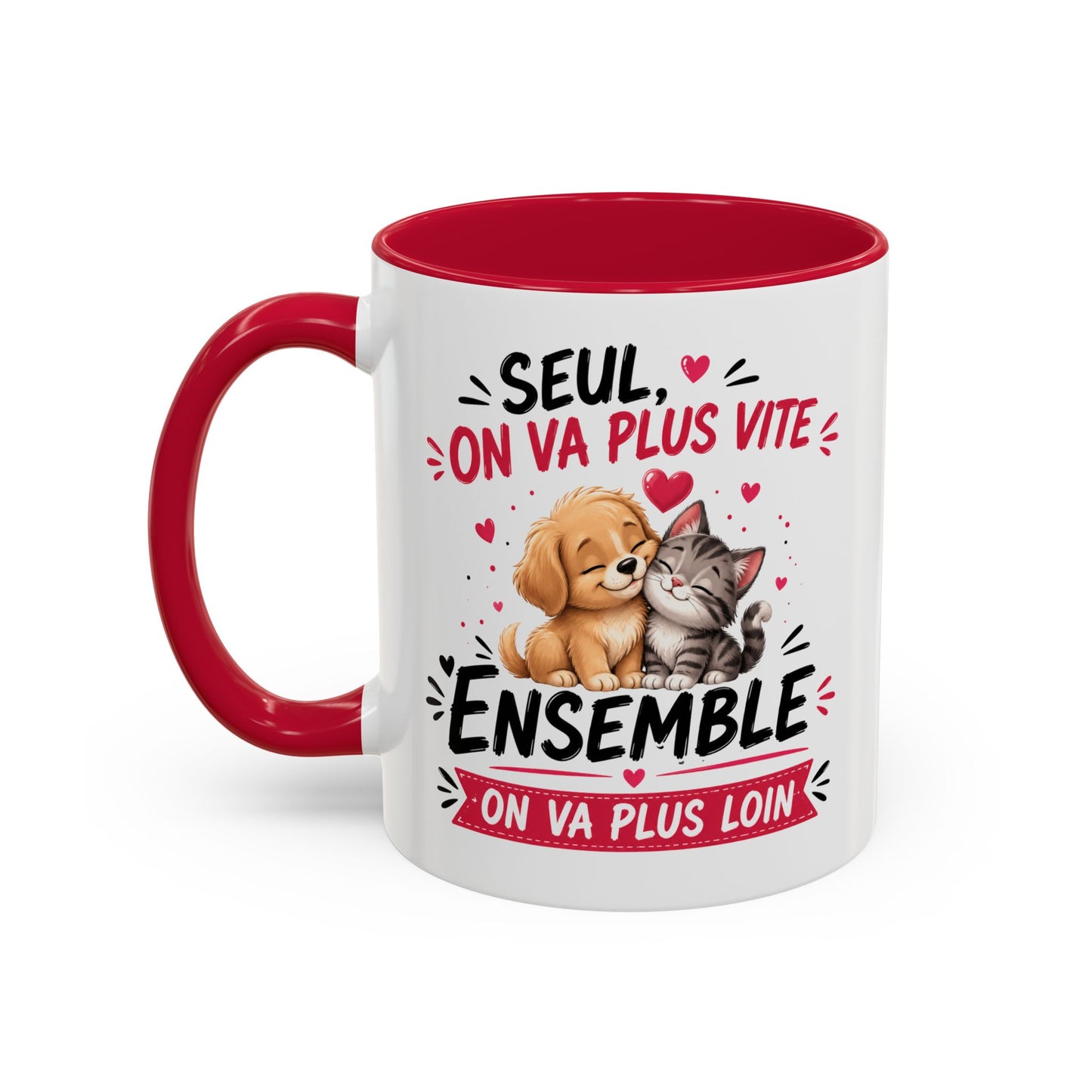 Tasse Seul On Va Plus Vite Ensemble On Va Plus Loin – Mug Chien Chat Amour Amitié – Cadeau Mignon 325ml