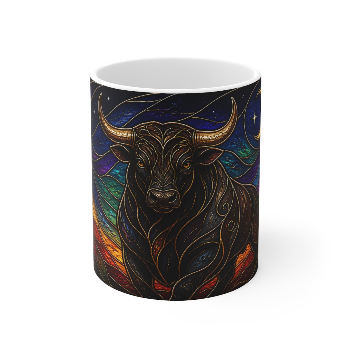 Tasse Taureau Mystique Vitrail – Mug Signe Astrologique Taureau Lune Étoiles Art Fantasy Coloré Cadeau Homme Femme Enfant 325ml