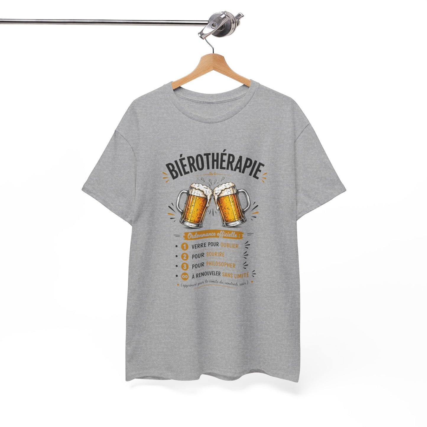 T-Shirt Biérothérapie Homme Femme – Tee Shirt Humour Bière Apéro – Cadeau Drôle Amateur Bière Soirée Noir Blanc Gris