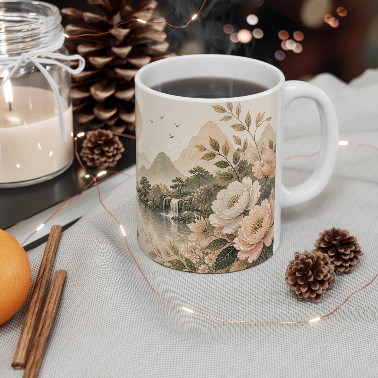 Tasse Paysage Japonais Fleuri – Mug Nature Zen Vintage – Cadeau Homme Femme Enfant 325ml