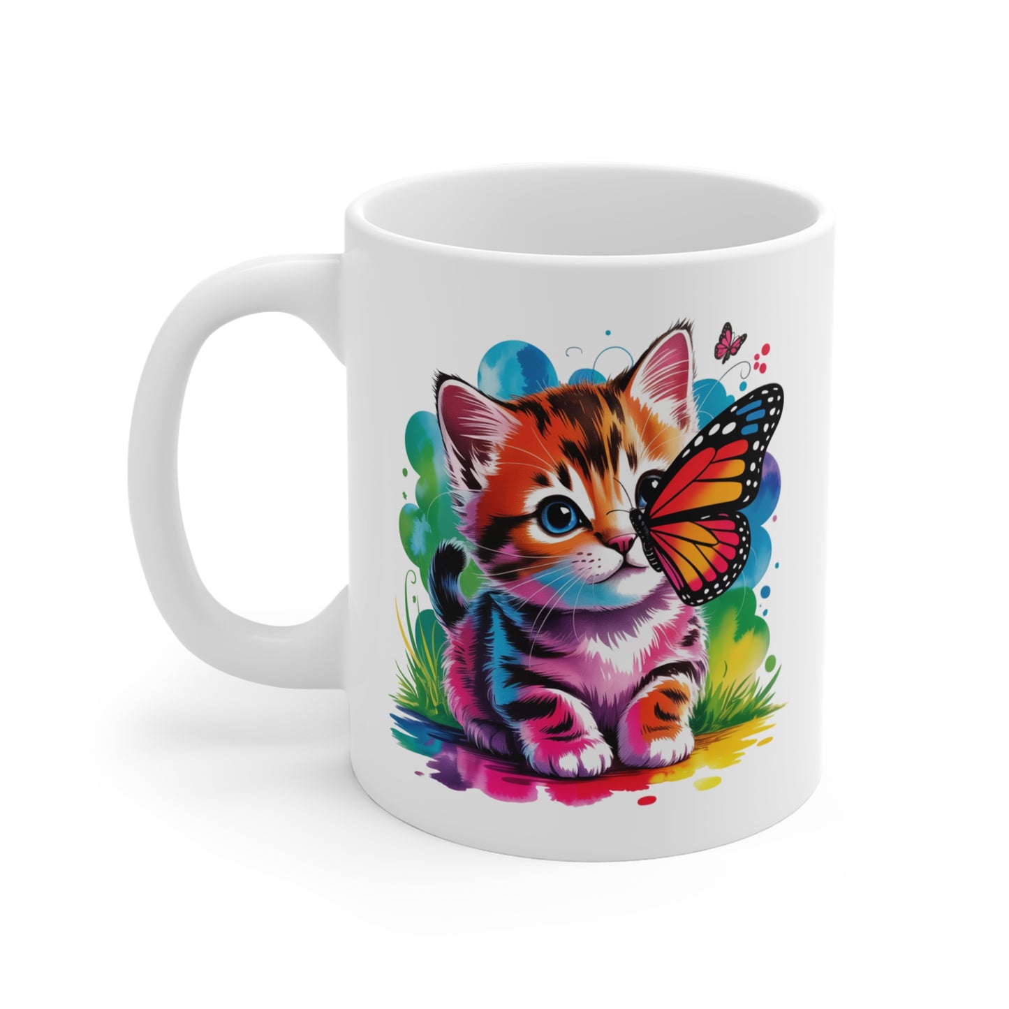 Mug Chaton Kawaii avec Papillon Arc-en-Ciel – Tasse Chat Mignon Colorée – Design Féérique et Artistique – Cadeau Original Amoureux des Chats – Céramique 325ml