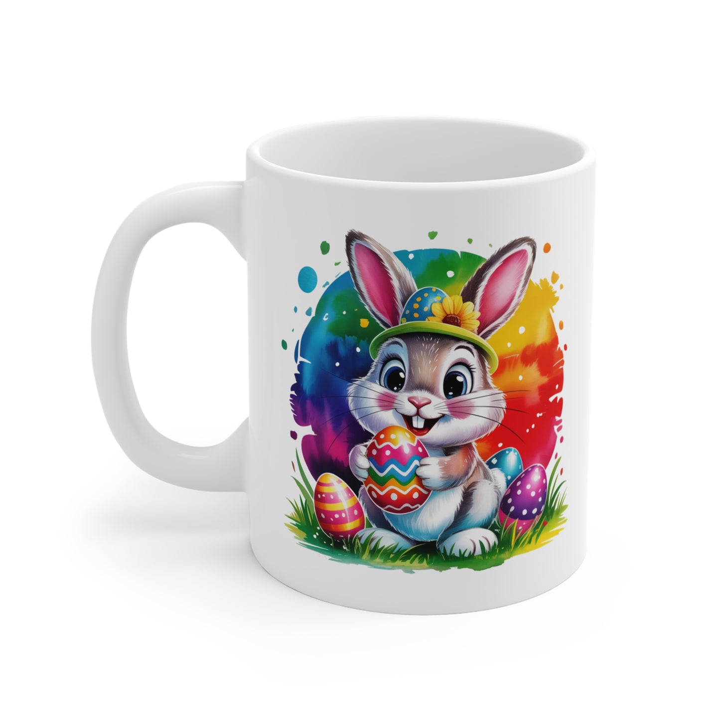 Tasse Lapin de Pâques Mignon – Mug Kawaii avec Œufs Colorés et Design Arc-en-Ciel – Cadeau Original Printemps et Pâques – Céramique 325ml