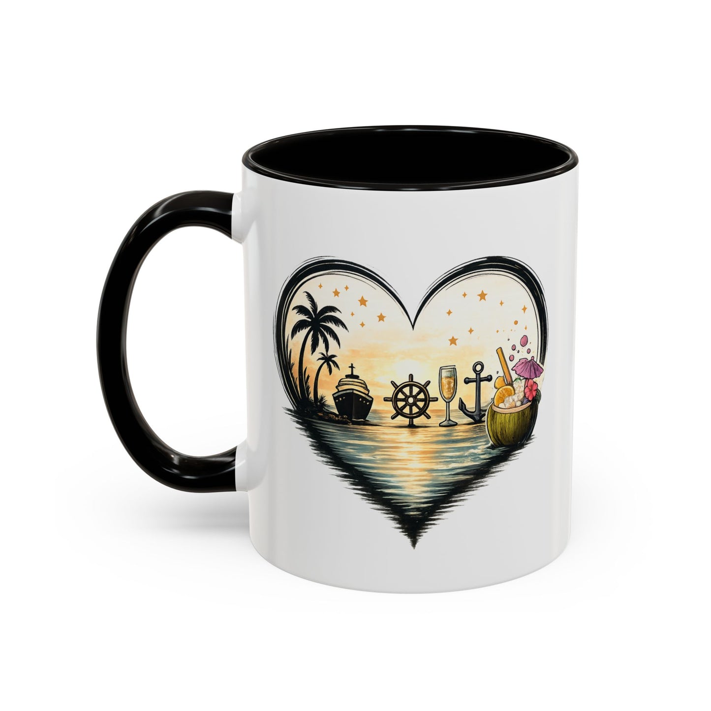 Tasse Cœur Tropical Mer et Cocktail – Mug Ambiance Vacances Palmier Bateau – Cadeau Été et Détente – Céramique 325ml