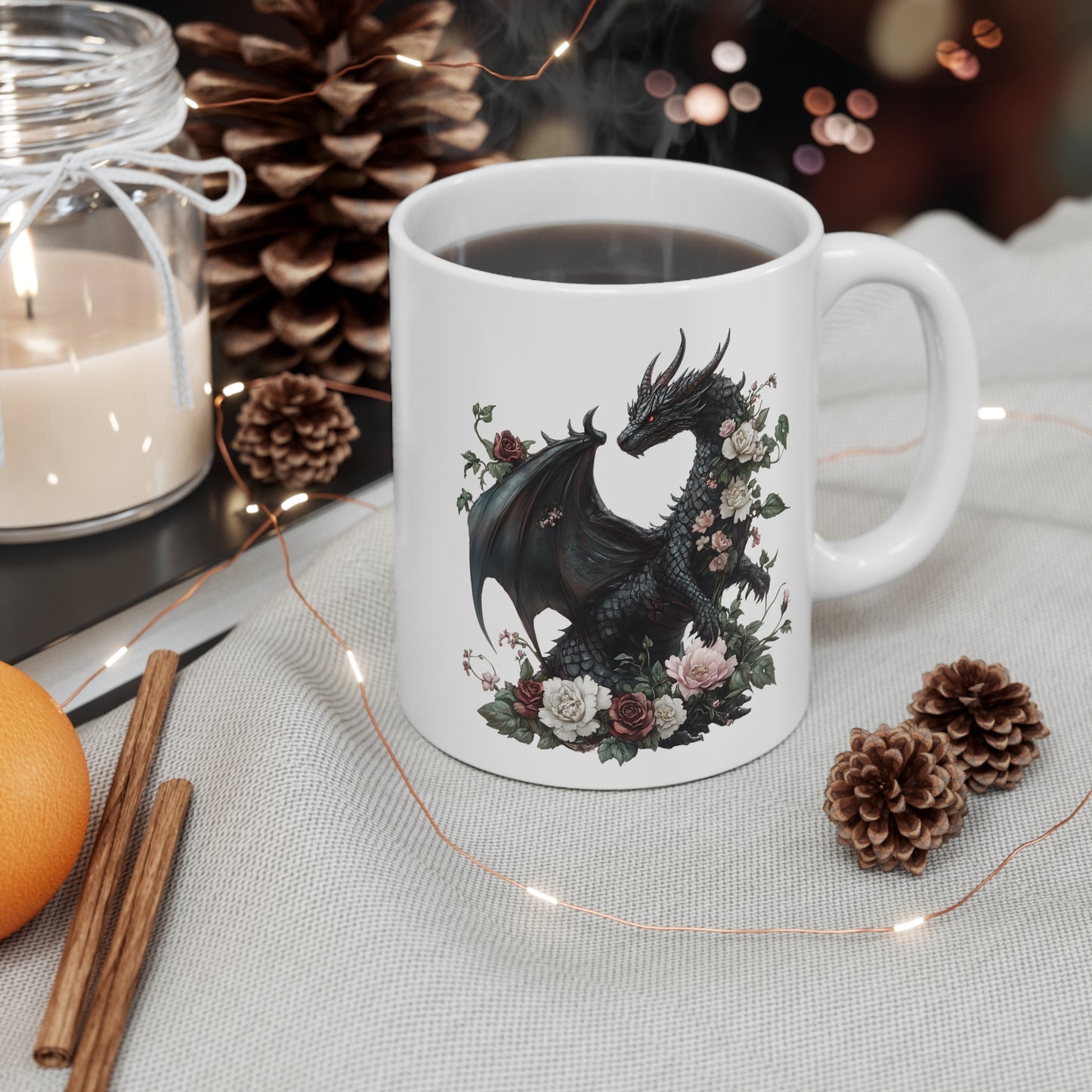 Mug Dragon Noir et Roses – Tasse Fantasy Gothique Élégante – Cadeau Magique Céramique 325ml