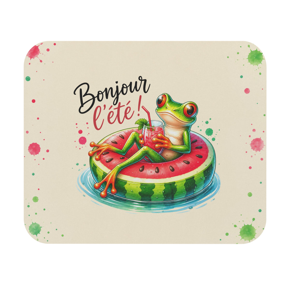 Tapis de Souris 22x18 cm Bonjour l’Été – Grenouille sur Bouée Pastèque – Design Coloré Vacances Soleil Humour