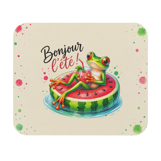 Tapis de Souris 22x18 cm Bonjour l’Été – Grenouille sur Bouée Pastèque – Design Coloré Vacances Soleil Humour