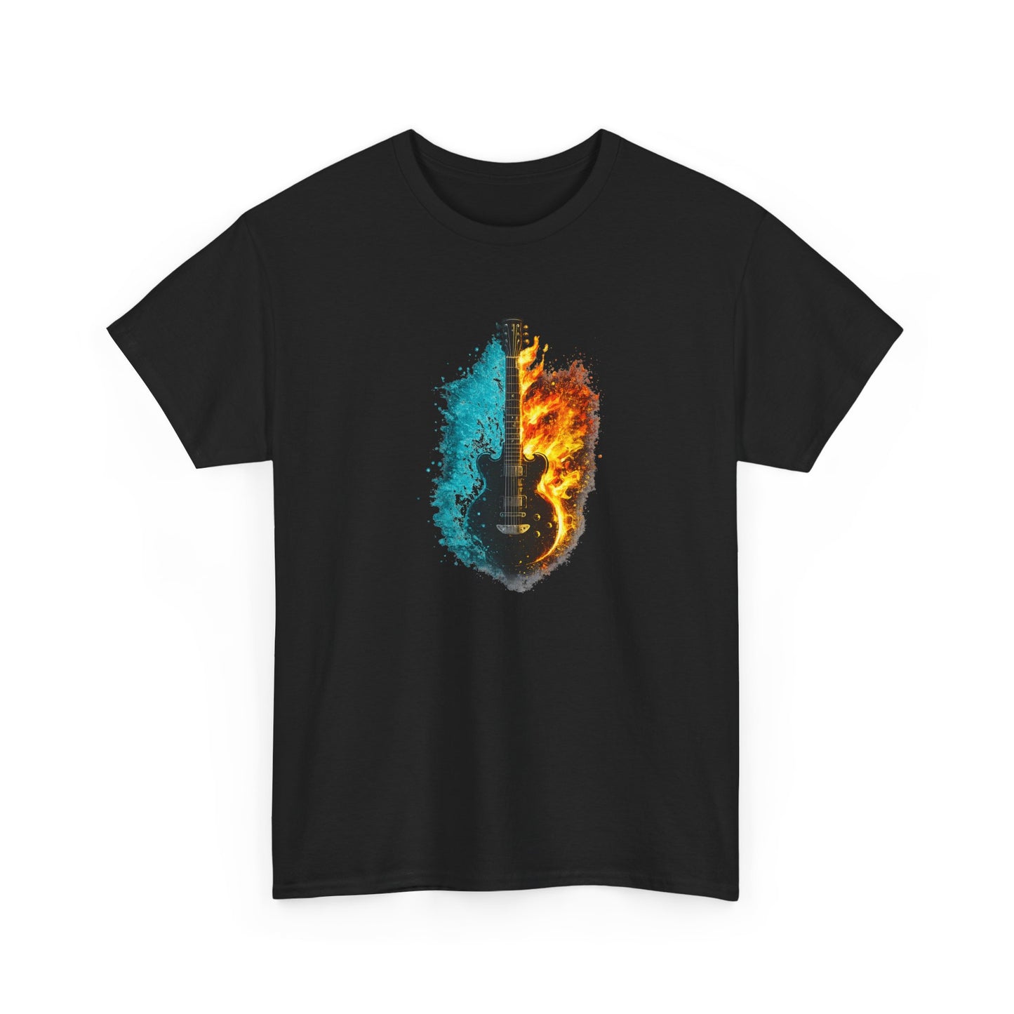 T-Shirt Guitare Feu et Glace – Design Électrique Artistique – Tee-Shirt Musique Rock Original