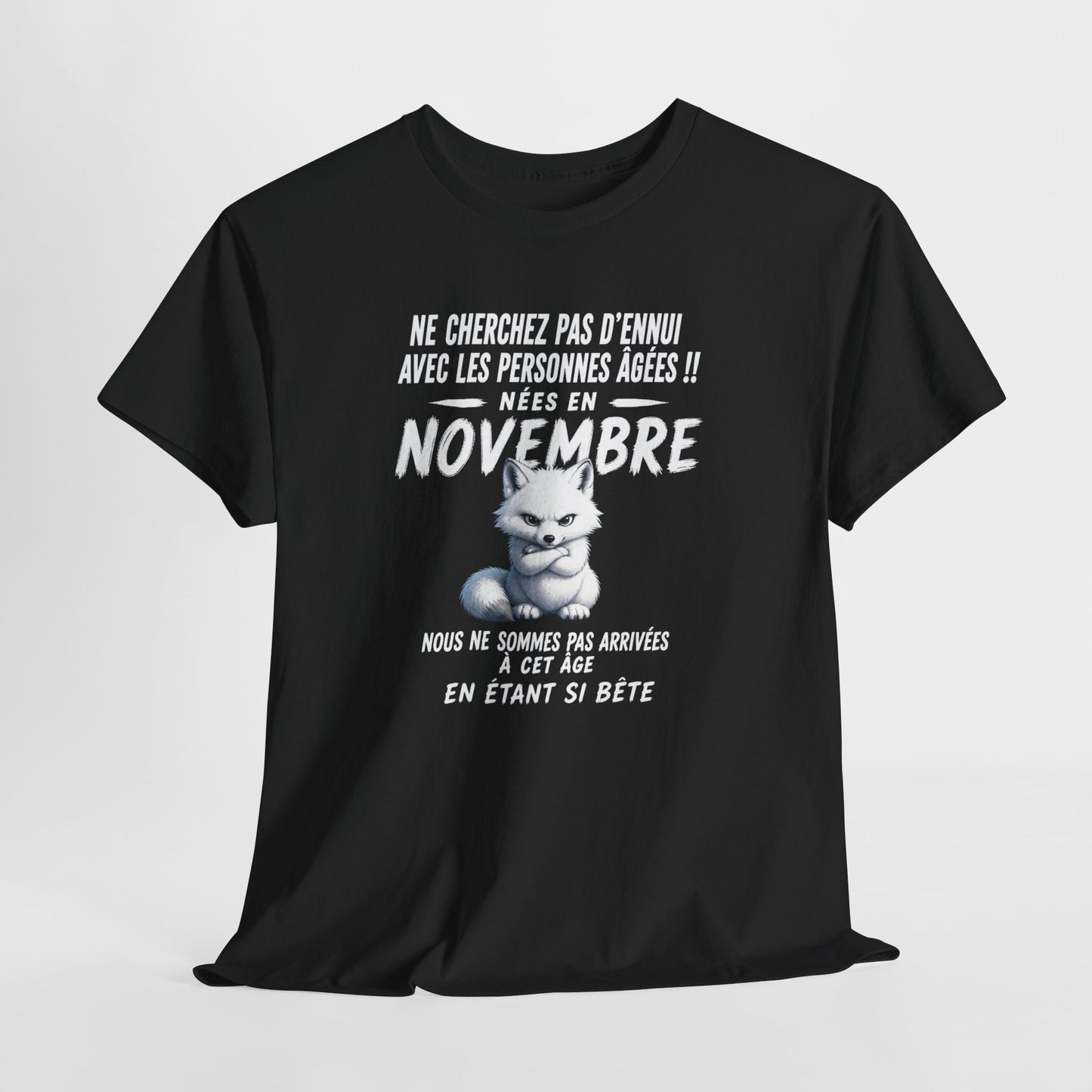 Tee-Shirt Né en Novembre Humour Senior – Cadeau Retraité Homme Femme – Renard Polaire Drôle Anniversaire Personne Âgée