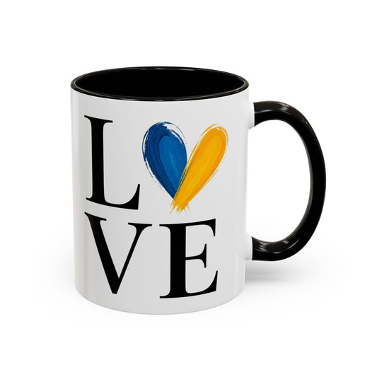 Mug Love Minimaliste – Tasse Cœur Bleu Jaune Design Artistique – Cadeau Original Romantique Moderne Céramique 325ml Noir Blanc