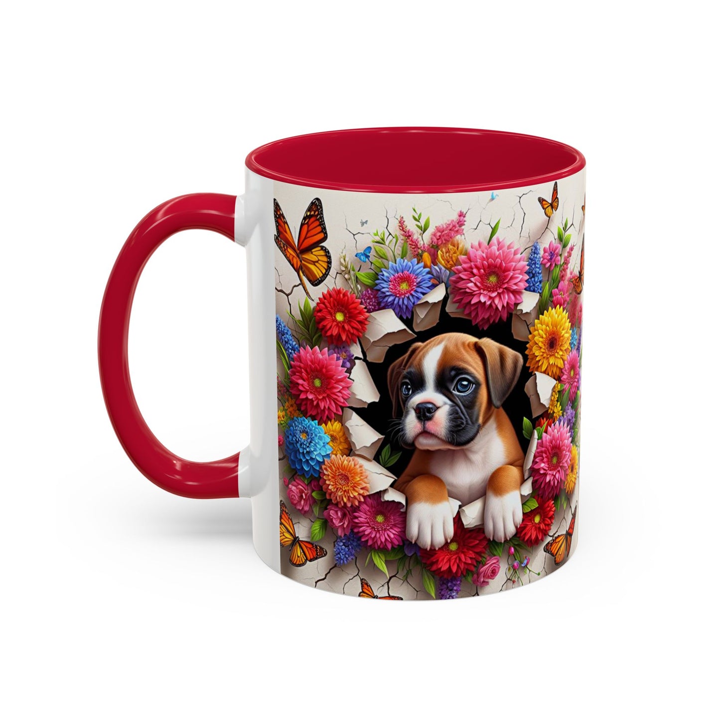 Mug Boxer Kawaii – Tasse Chiot Boxer avec Fleurs Colorées et Papillons – Cadeau Amoureux des Chiens 325ml