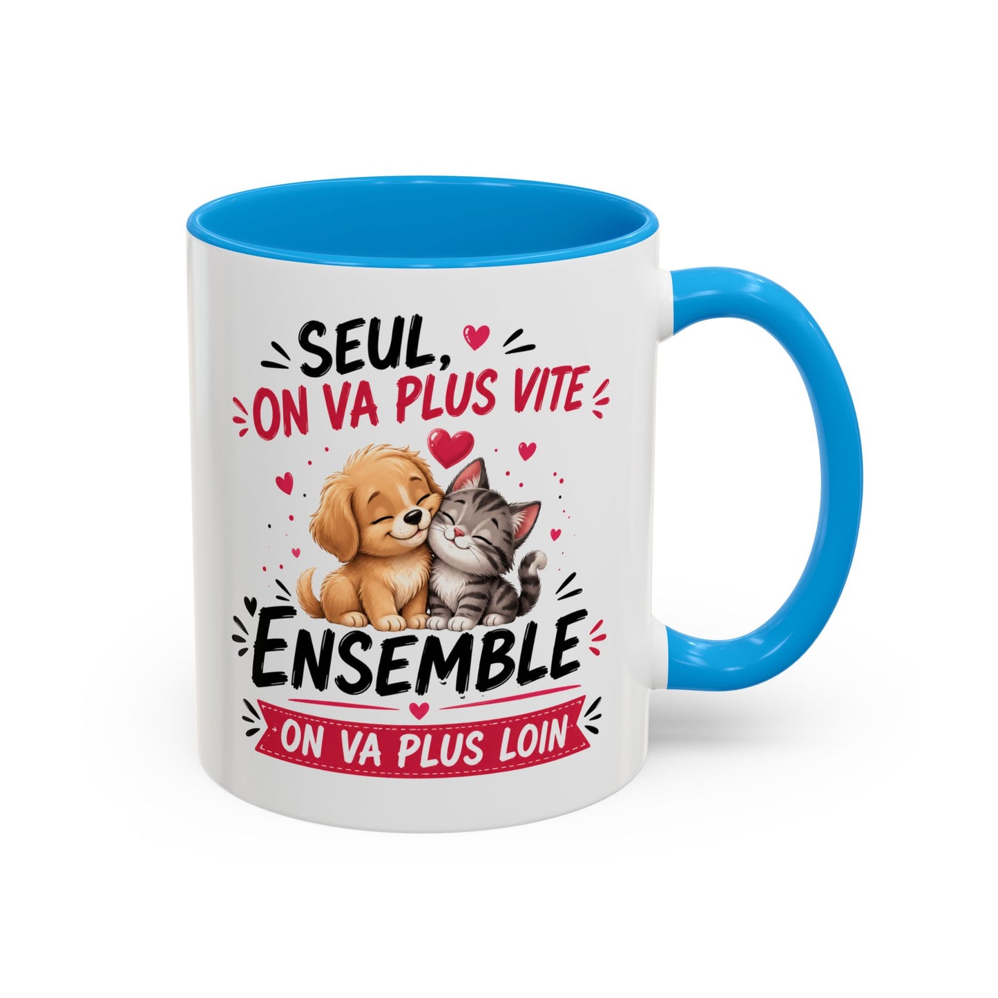 Tasse Seul On Va Plus Vite Ensemble On Va Plus Loin – Mug Chien Chat Amour Amitié – Cadeau Mignon 325ml