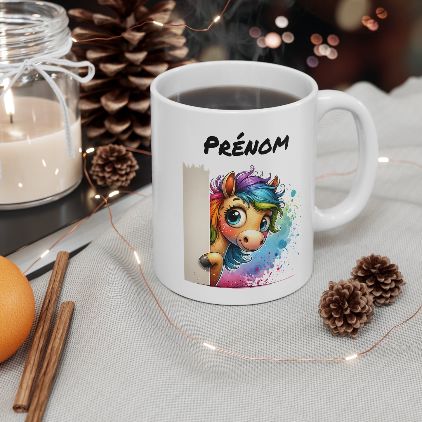 Tasse Personnalisable Cheval Mignon – Mug Prénom Illustration Colorée Arc-en-Ciel – Cadeau Animal Rigolo 325ml