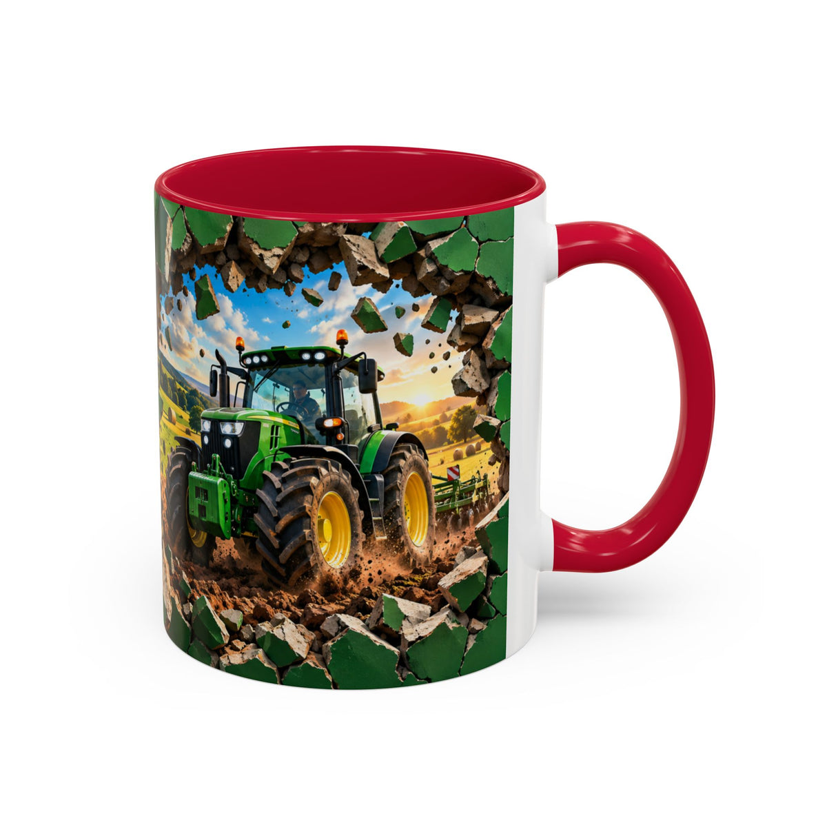 Mug Tracteur Agricole Vert – Tasse Agriculture avec Champ et Effet Mur Brisé – Cadeau Original Agriculteur Passionné de Tracteurs
