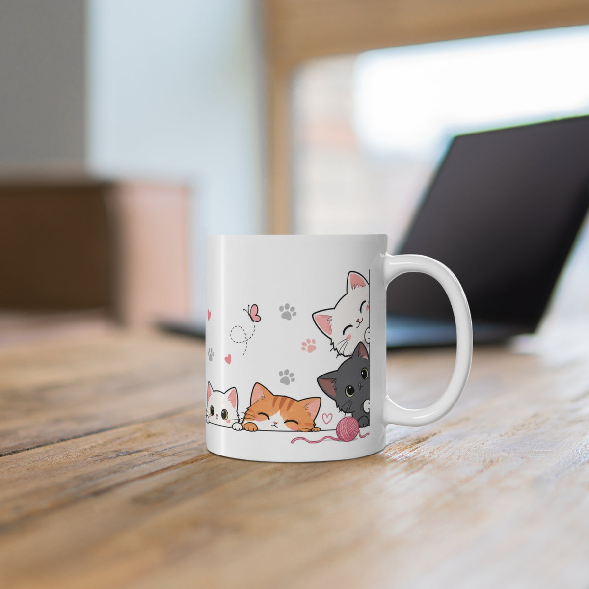 Mug Chats Mignons et Colorés – Tasse avec Petits Chats, Cœurs, Papillons et Pelote de Laine – Cadeau Original Amoureux des Chats