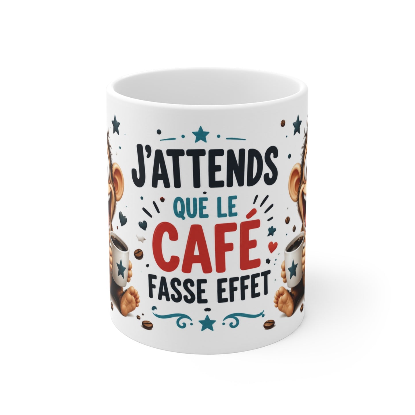 Tasse J’Attends Que Le Café Fasse Effet – Mug Singe Humour Café – Cadeau Drôle Homme Femme 325ml