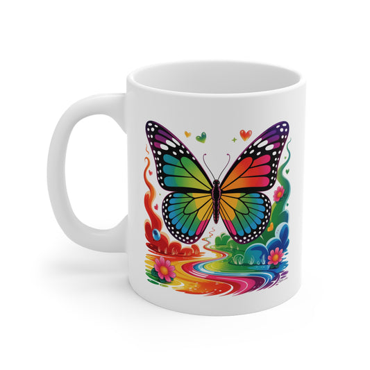 Tasse Papillon Arc-en-Ciel – Mug Coloré avec Papillon Multicolore et Fleurs – Design Féérique et Artistique – Cadeau Original Nature et Kawaii – Céramique 325ml
