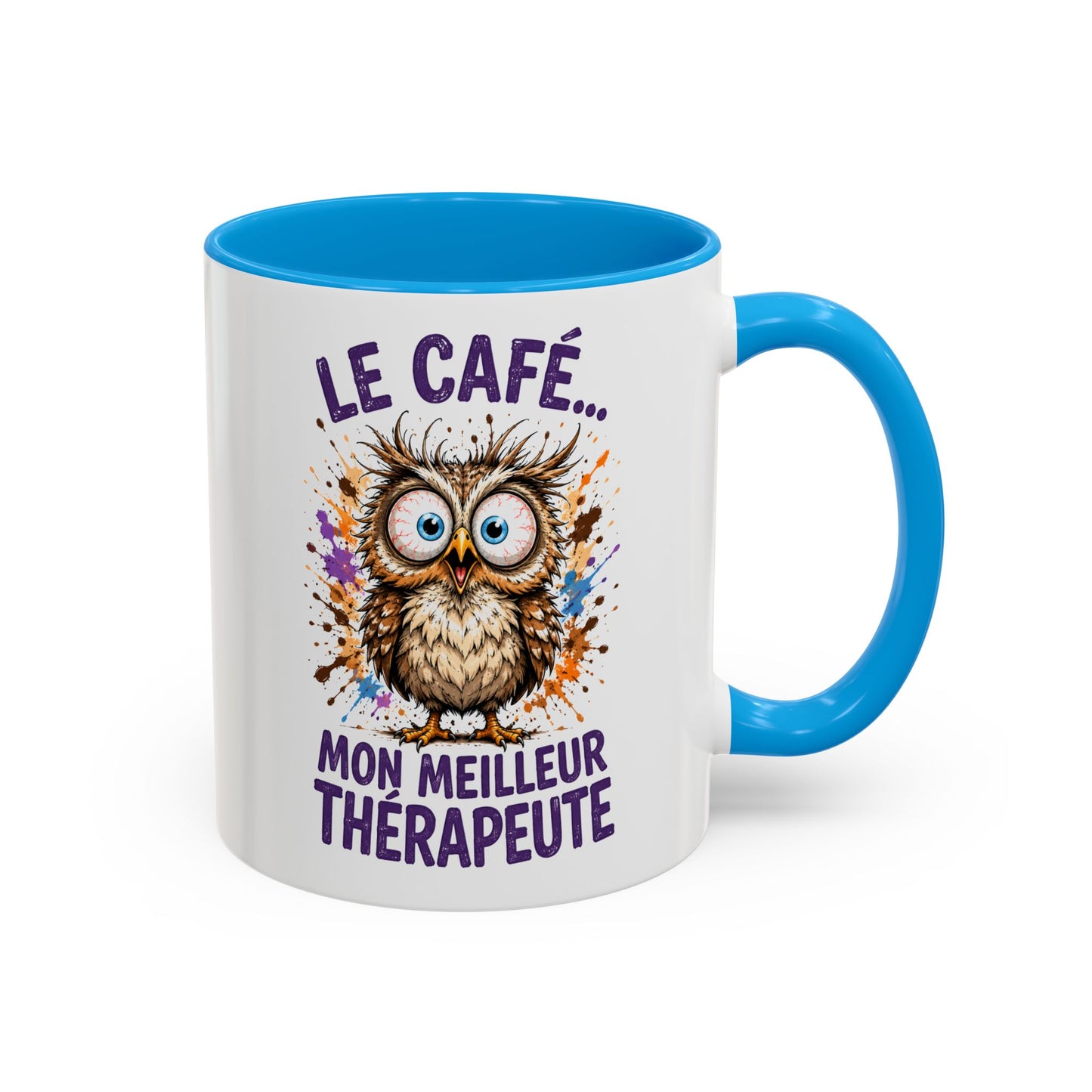 Tasse Chouette Drôle Homme Femme – Mug Le café mon meilleur thérapeute – Cadeau Humour Amateur de Café 325 ml