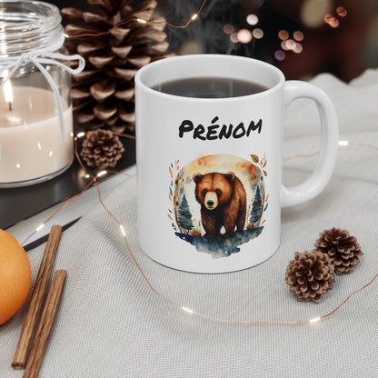 Mug Personnalisé Ours Aquarelle 325ml – Tasse Céramique Prénom Design Nature Forêt – Cadeau Animal Sauvage