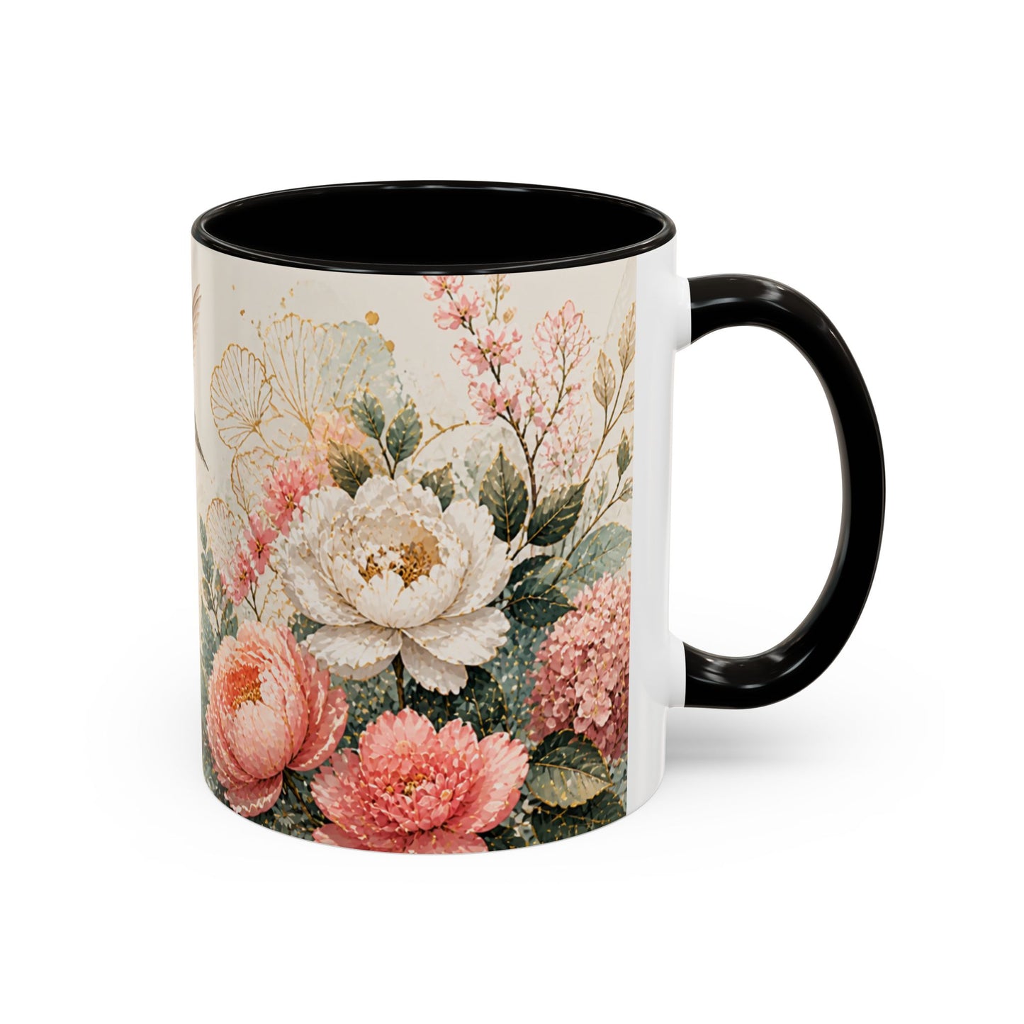Tasse Florale Colibri et Pivoines – Mug Aquarelle Chic avec Fleurs Roses et Blanches – Design Nature 325ml