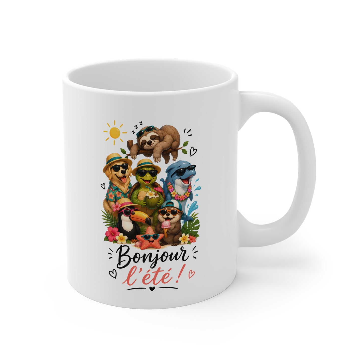 Tasse Bonjour l'Été – Mug Animaux Tropicaux Drôles – Paresseux Dauphin Tortue Toucan Chien Étoile de Mer 325 ml