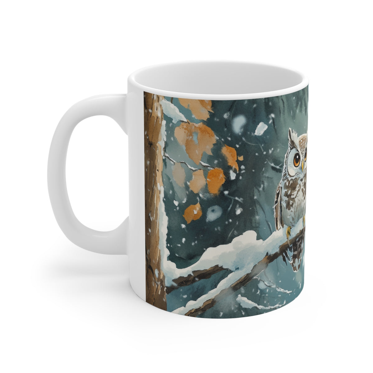 Mug Hiboux dans la Neige – Tasse Hiver Forêt Enneigée Style Aquarelle – Cadeau Original Noël Amoureux des Oiseaux