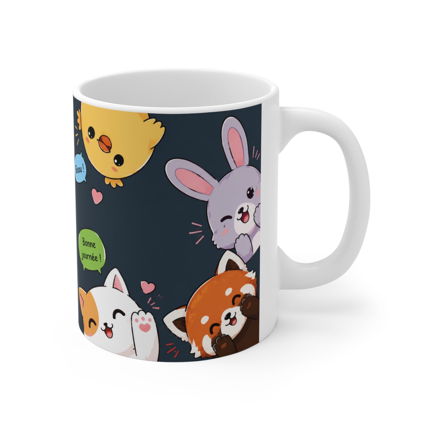 Tasse Animaux Kawaii Bonjour – Mug Mignon Chat Panda Lapin Renard – Cadeau Femme Enfant 325ml