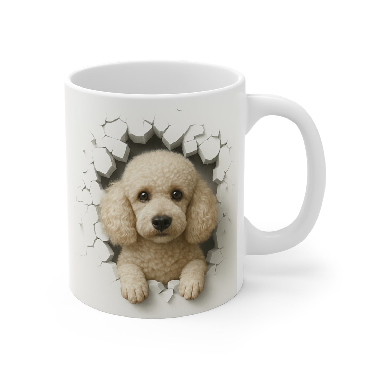 Mug Caniche Beige Effet Mur Cassé – Tasse Chien 3D Trompe-l’œil – Cadeau Original Amoureux des Caniches