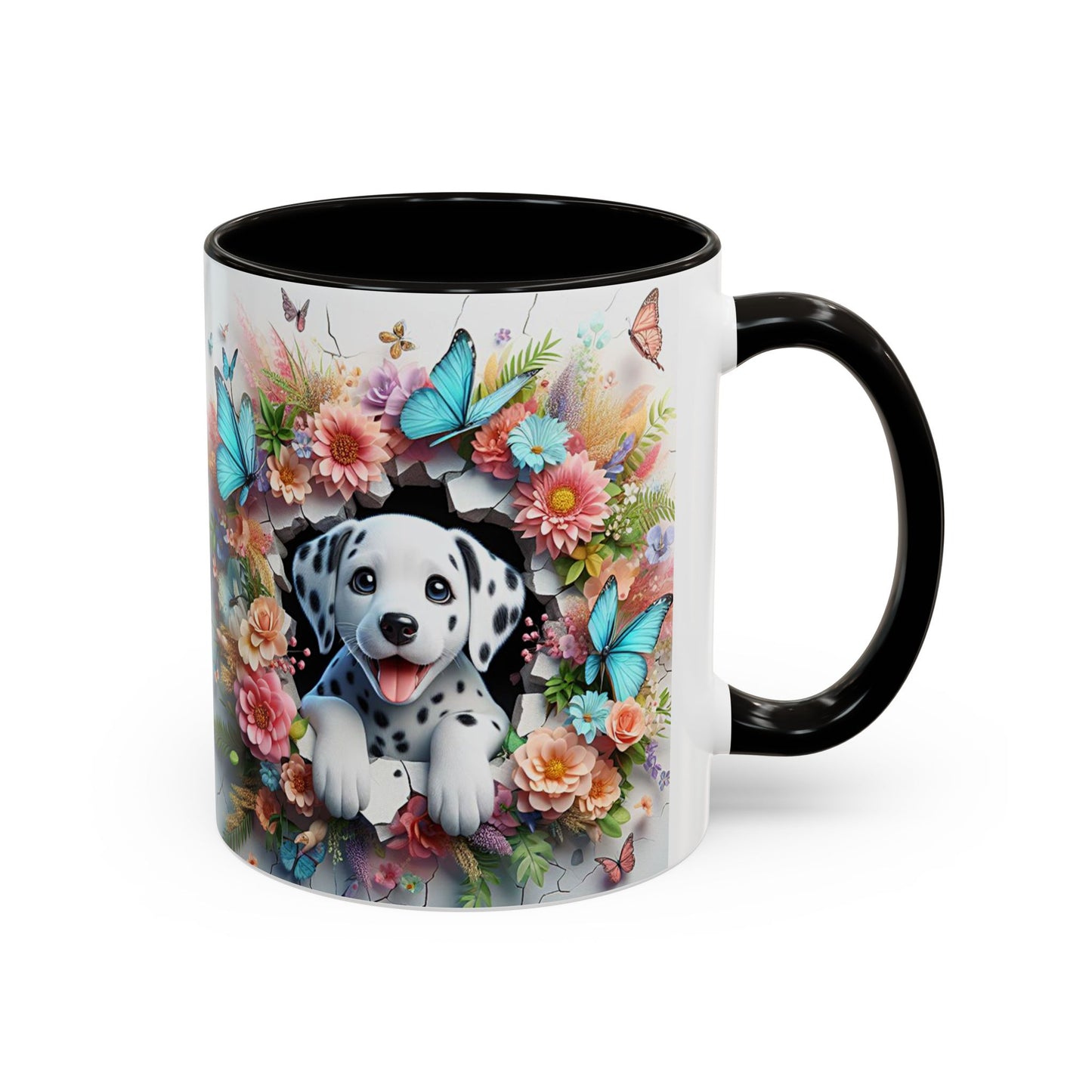 Mug Dalmatien Kawaii – Tasse Chiot Dalmatien avec Fleurs Pastel et Papillons Bleus – Cadeau Amoureux des Chiens 325ml