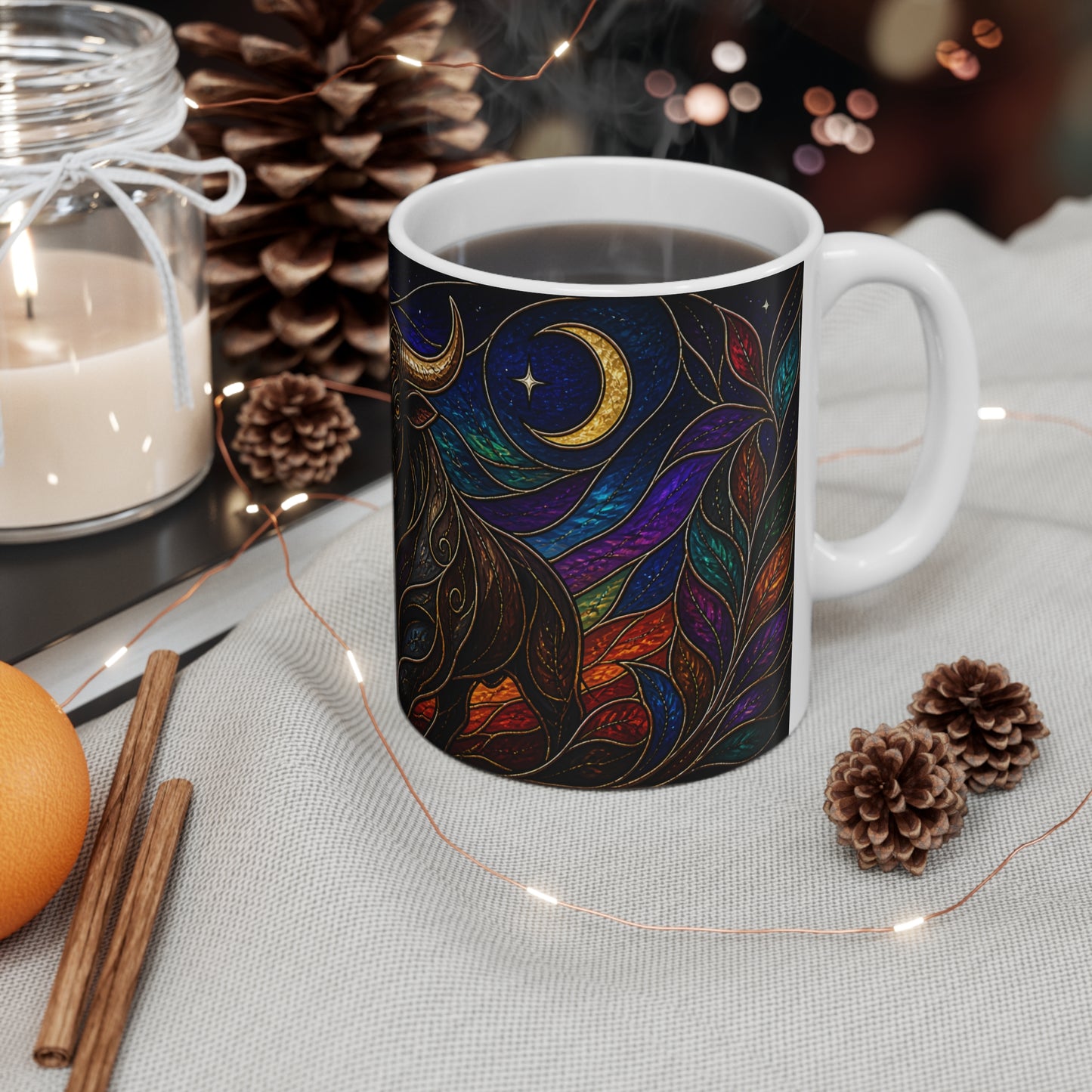 Tasse Taureau Mystique Vitrail – Mug Signe Astrologique Taureau Lune Étoiles Art Fantasy Coloré Cadeau Homme Femme Enfant 325ml