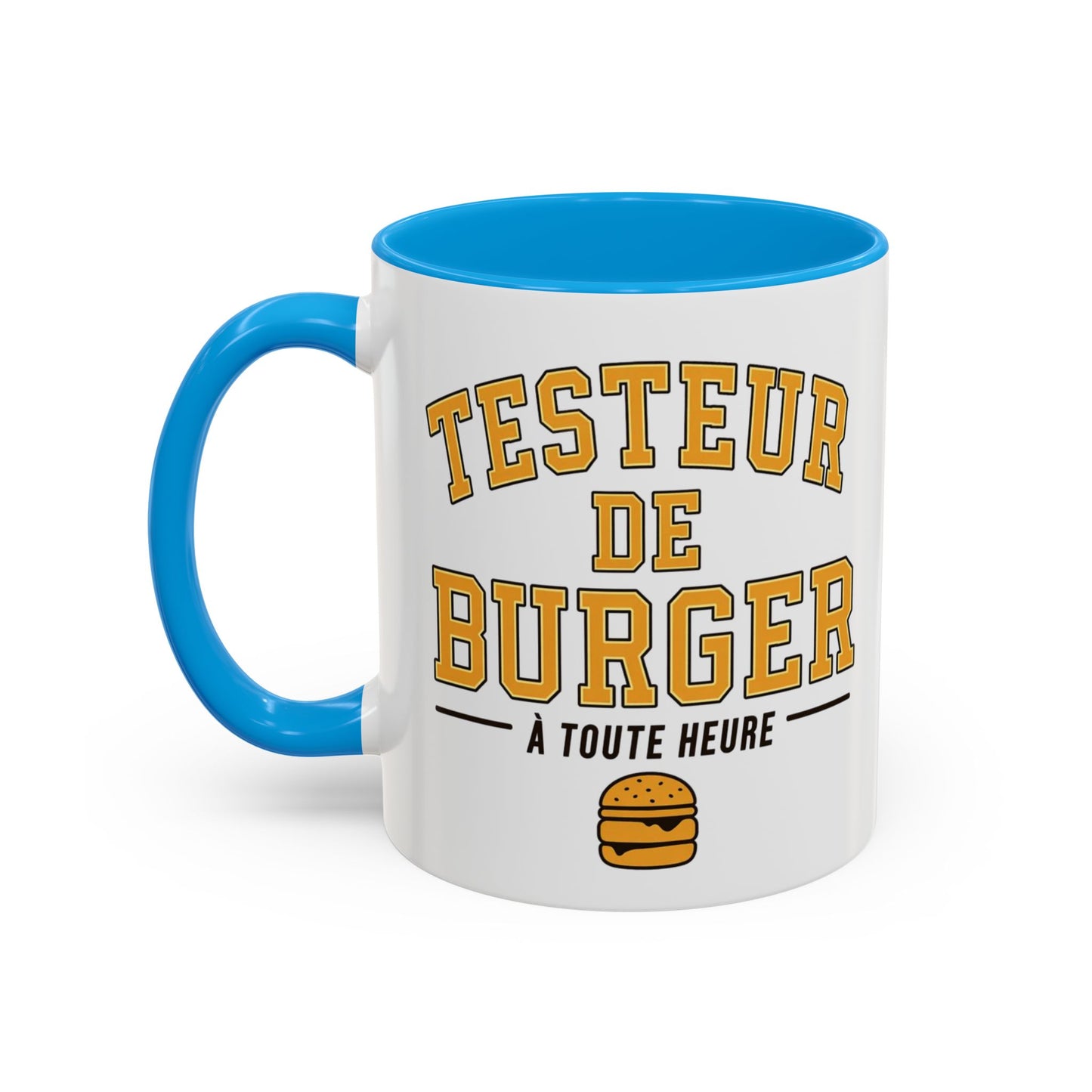 Mug Testeur de Burger – Tasse Humoristique Fast Food et Hamburger – Cadeau Gourmand Original – Céramique 325ml Noir Bleu Rouge