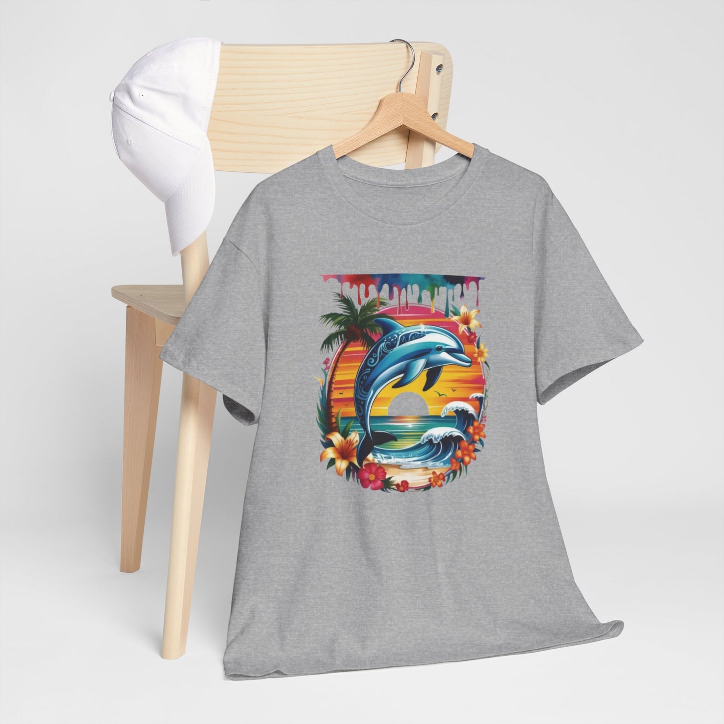 T-Shirt Dauphin Tropical Adulte – Dolphin Sunset Ocean Beach – Tee Shirt Été Vacances Noir Blanc Gris
