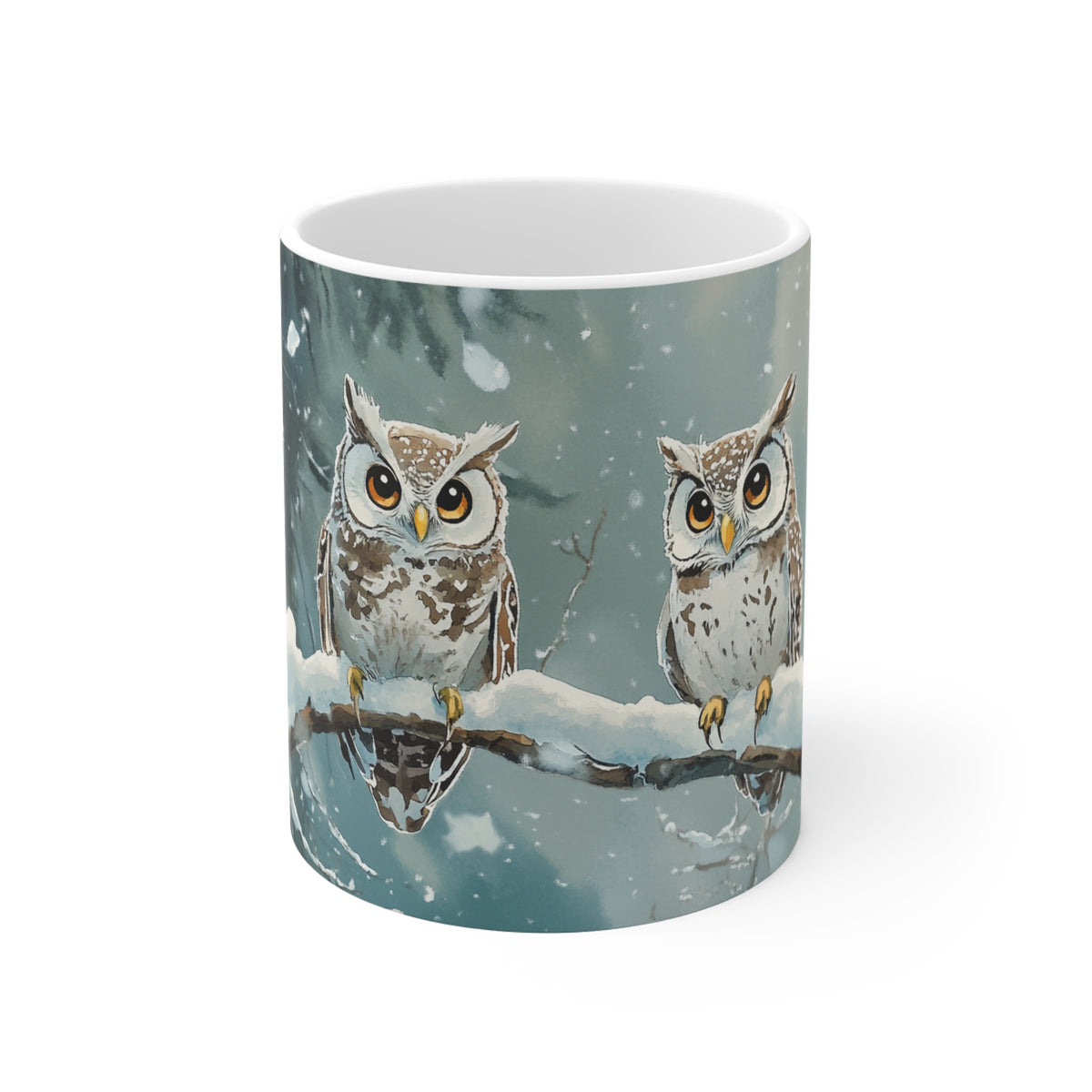 Mug Hiboux dans la Neige – Tasse Hiver Forêt Enneigée Style Aquarelle – Cadeau Original Noël Amoureux des Oiseaux