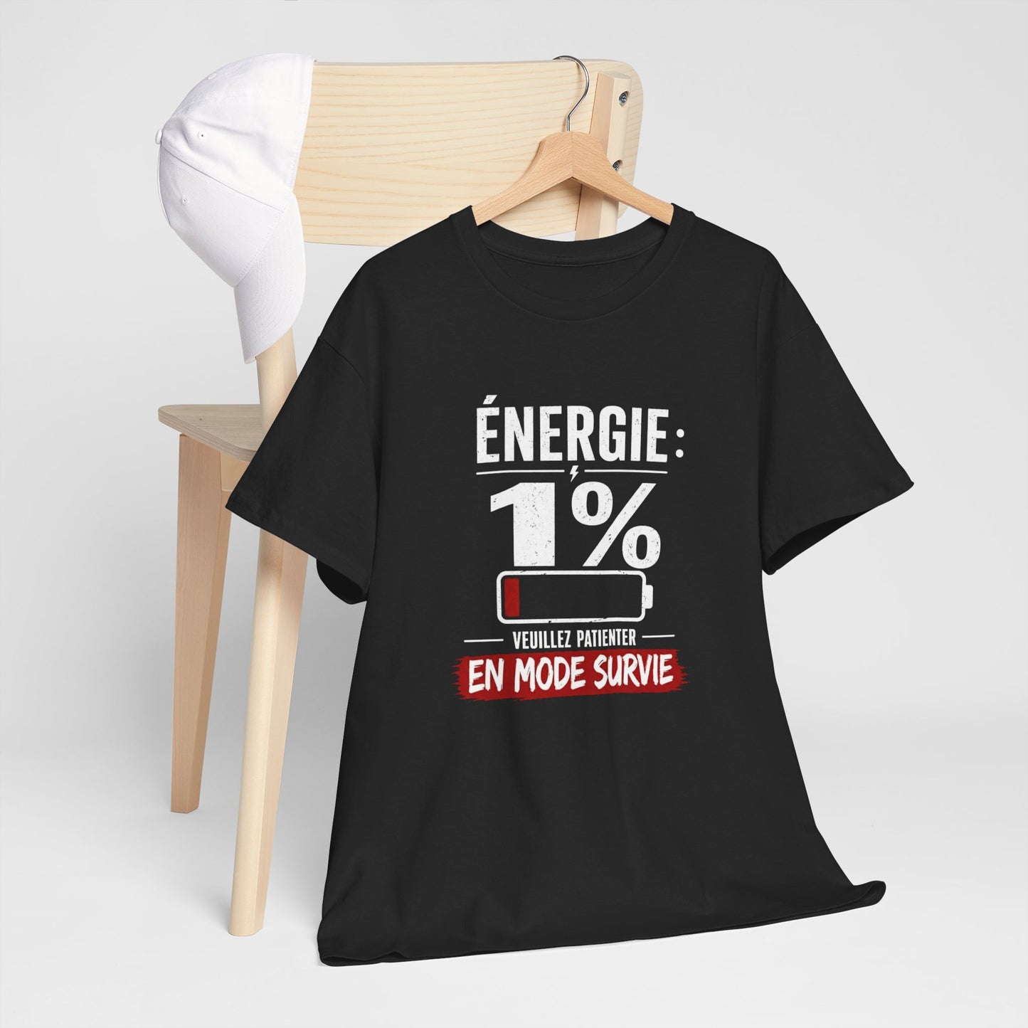 T-Shirt Humour Fatigue – Énergie 1% Mode Survie – Tee Shirt Drôle Adulte Manque de Sommeil Travail Idée Cadeau