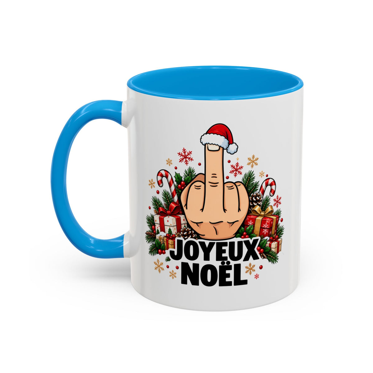 Mug Humour Noël « Joyeux Noël » – Tasse Geste Insolent avec Bonnet de Père Noël, Cadeaux et Sucre d’Orge – Cadeau Drôle Homme Femme