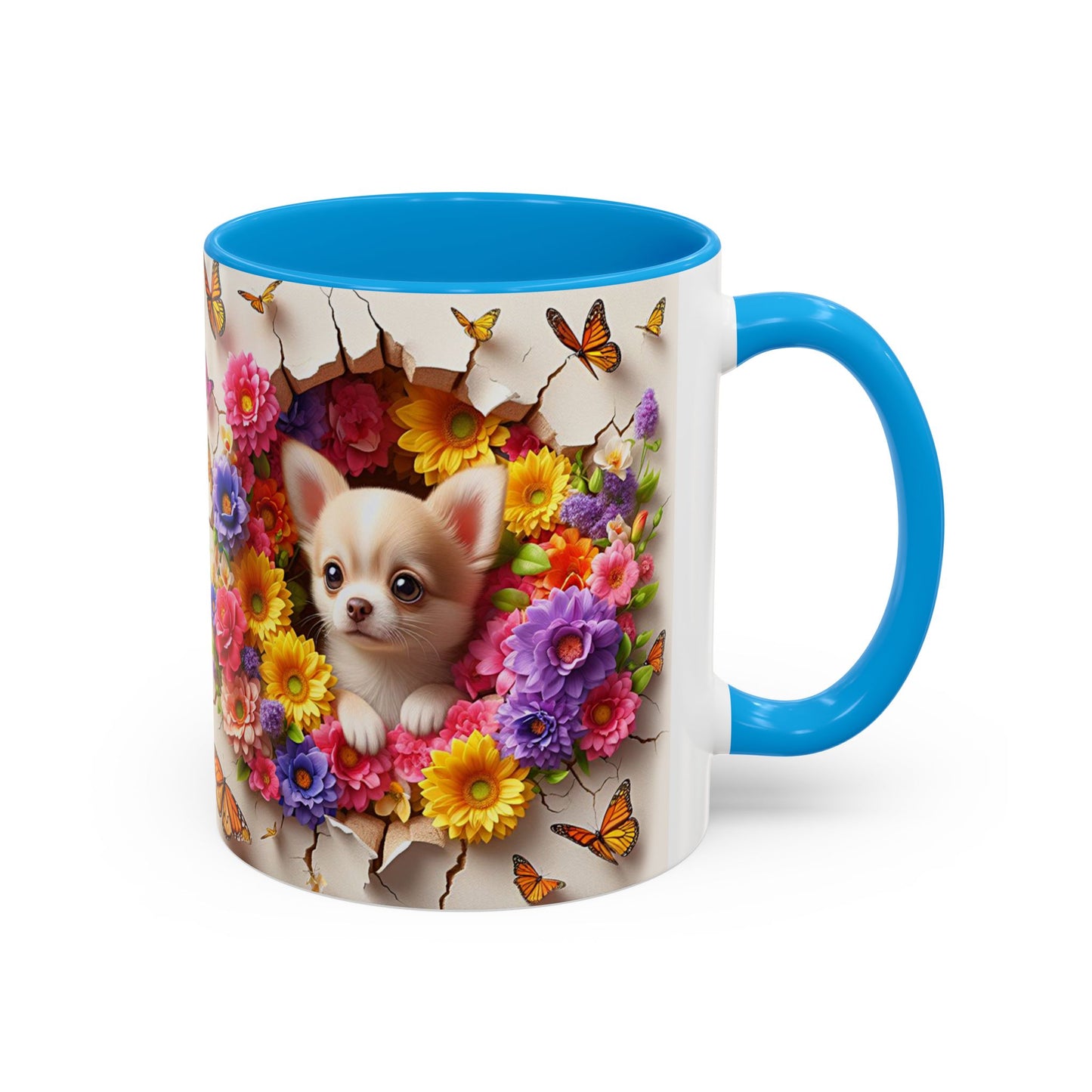 Mug Chihuahua Kawaii – Tasse Petit Chien avec Fleurs Colorées et Papillons – Cadeau Amoureux des Chiens 325ml