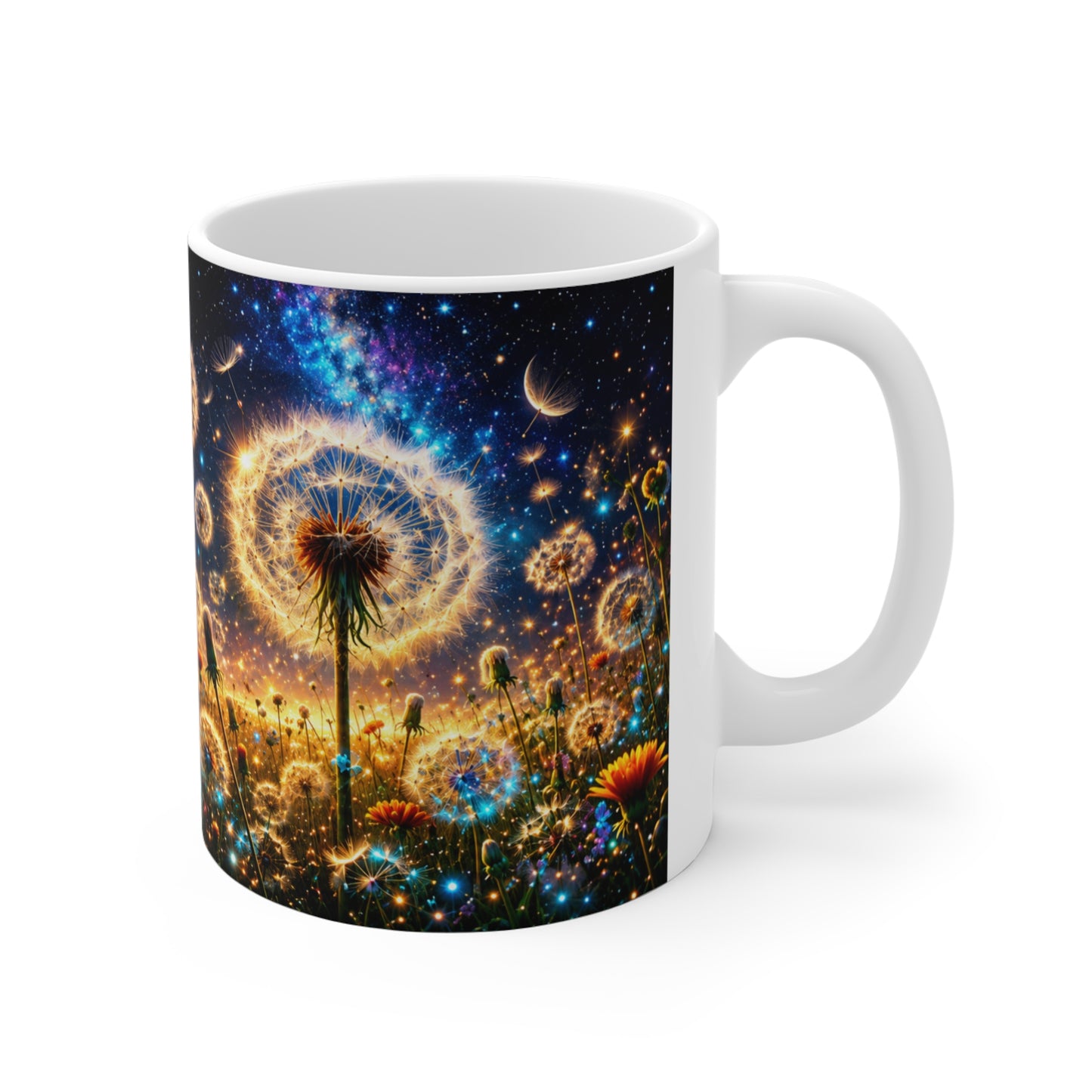 Tasse Pissenlits Féériques – Mug Fleurs Lumineuses et Univers Cosmique – Cadeau Femme Homme 325ml