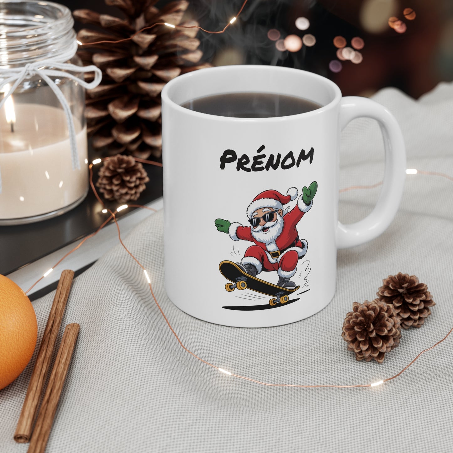 Tasse Noël Personnalisée – Mug Père Noël Skateur avec Prénom – Cadeau Original et Unique