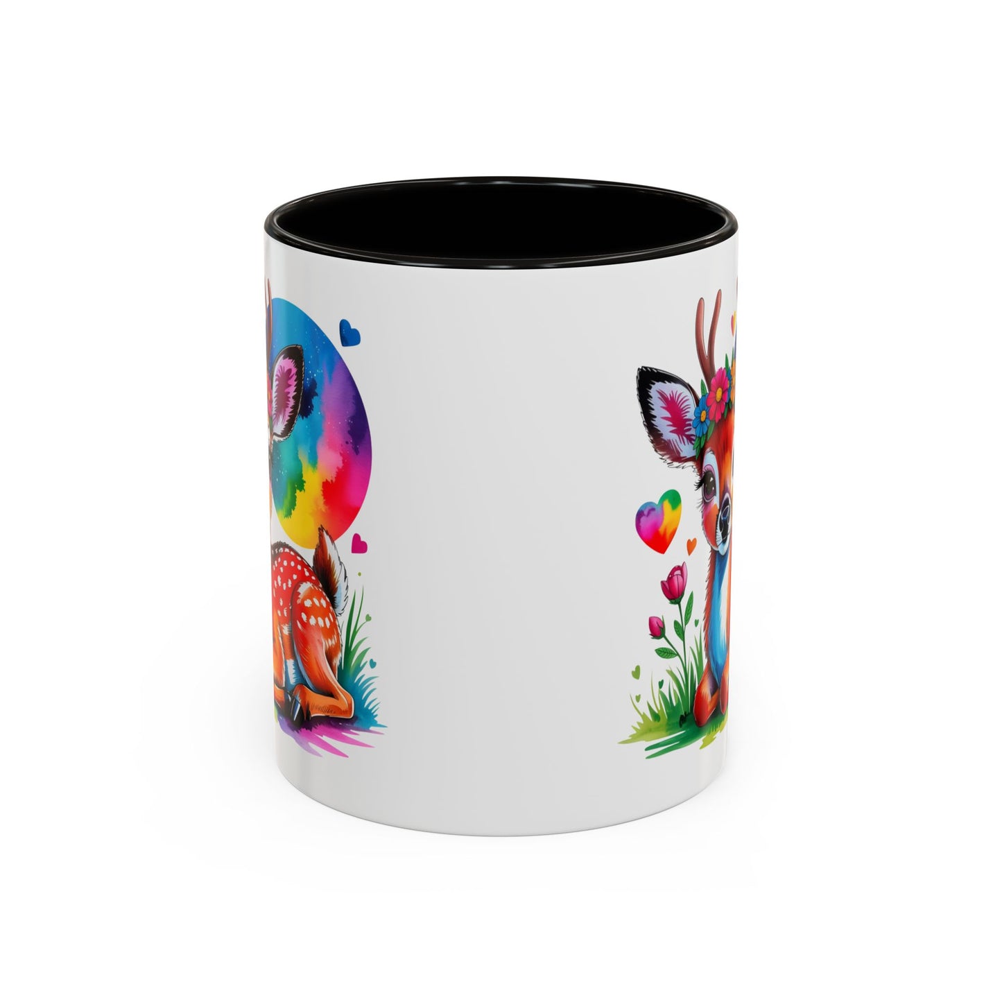 Mug Faon Mignon Coloré – Tasse Cerf Fleurs Arc-en-Ciel Kawaii – Cadeau Original Enfant Adulte – Céramique 325ml Noir Bleu Rouge