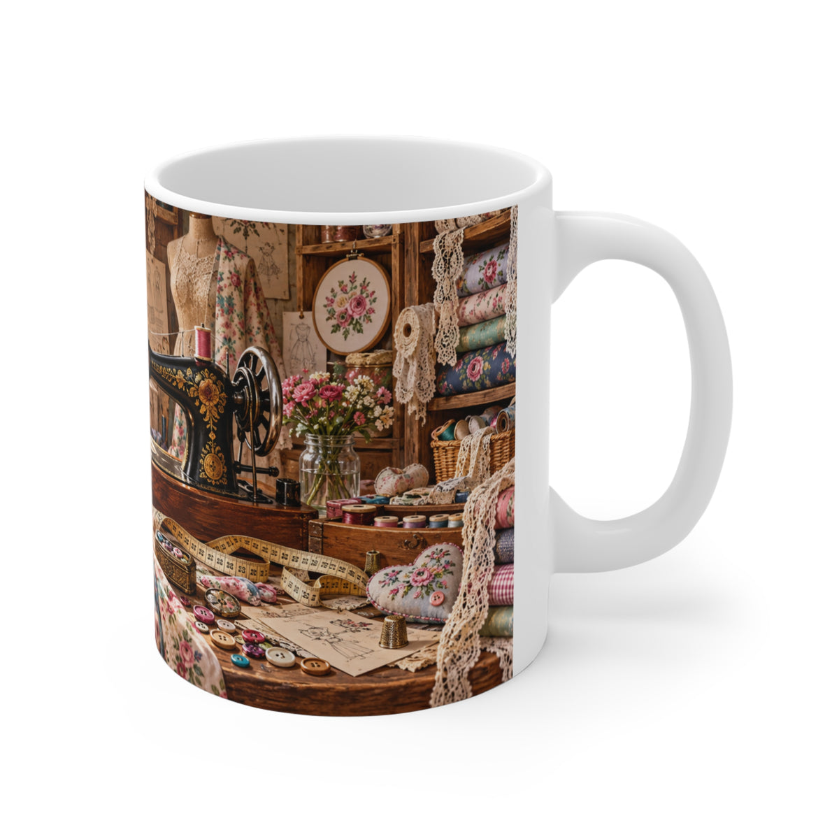Mug Atelier de Couture Vintage – Tasse Machine à Coudre, Fleurs, Dentelle et Accessoires – Cadeau Original Couturière