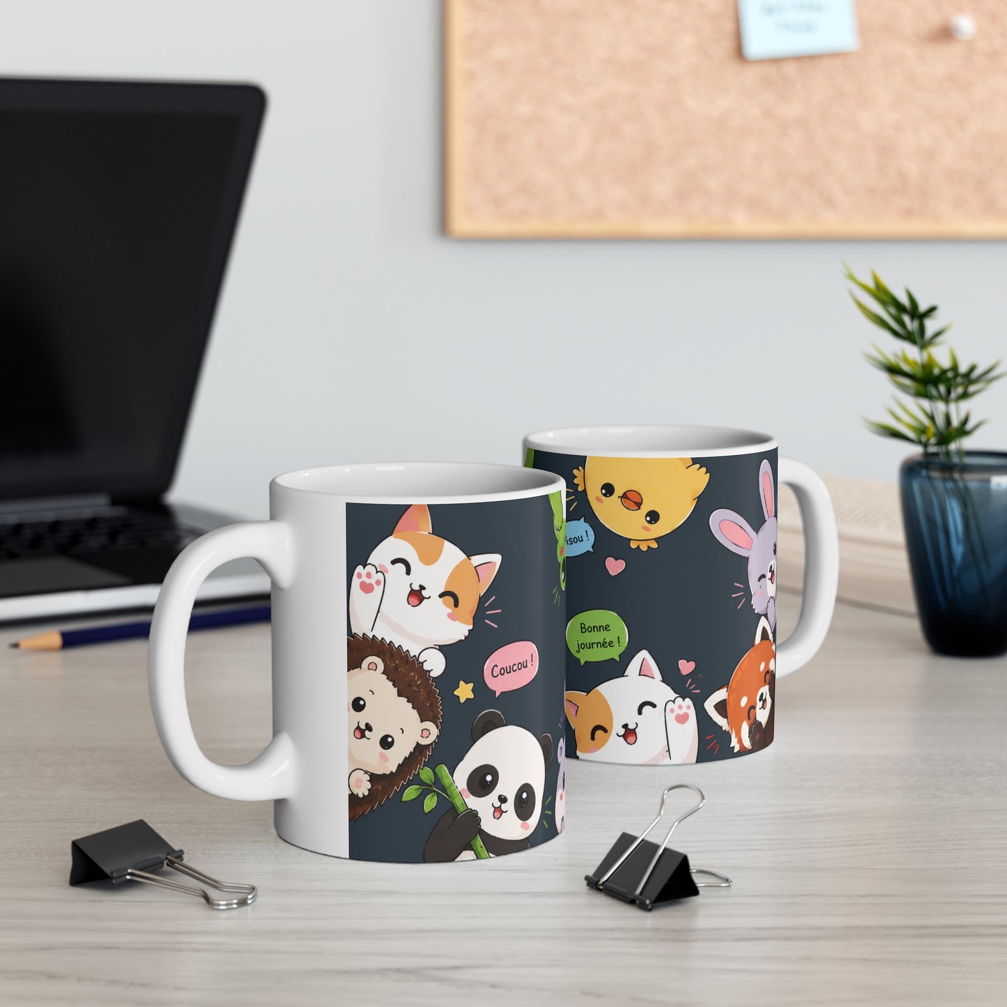 Tasse Animaux Kawaii Bonjour – Mug Mignon Chat Panda Lapin Renard – Cadeau Femme Enfant 325ml